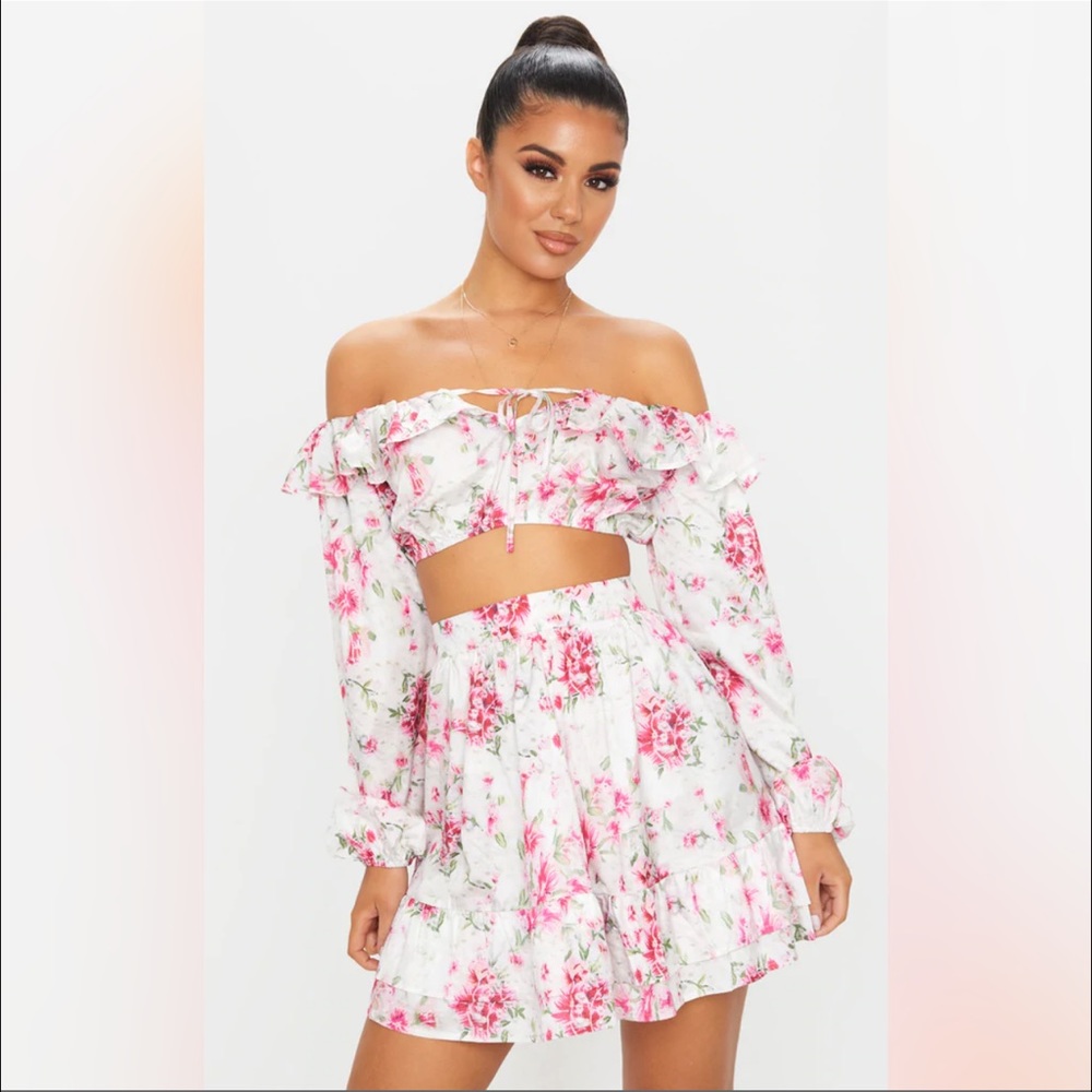Pink Floral Print Bardot Frill Edge top and skirt